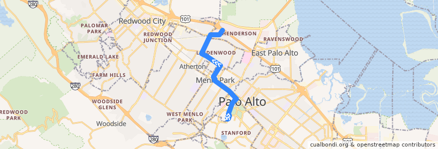 Mapa del recorrido Stanford Health Care Bohannon Shuttle: Stanford Medical Center => Menlo Park Caltrain => Bohannon Drive de la línea  en San Mateo County.
