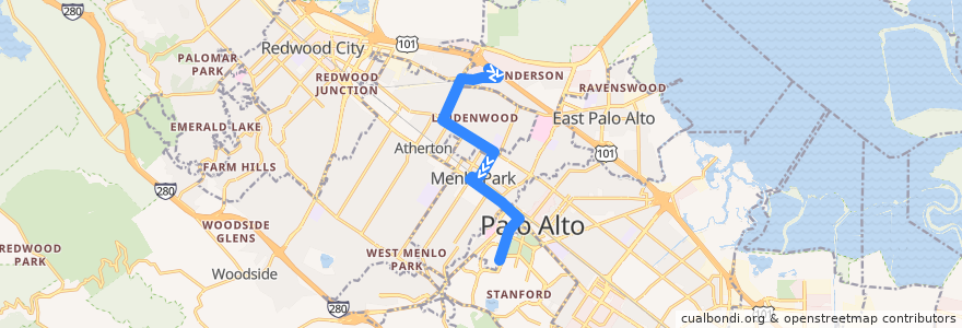 Mapa del recorrido Stanford Health Care Bohannon Shuttle: Bohannon Drive => Menlo Park Caltrain => Stanford Medical Center de la línea  en San Mateo County.