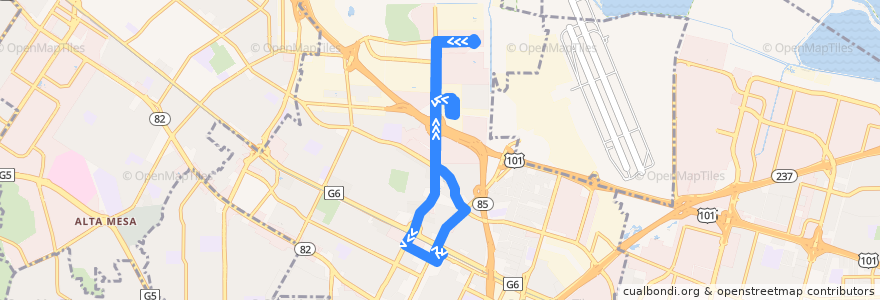 Mapa del recorrido MVgo East Bayshore Shuttle (concert detour) de la línea  en Mountain View.