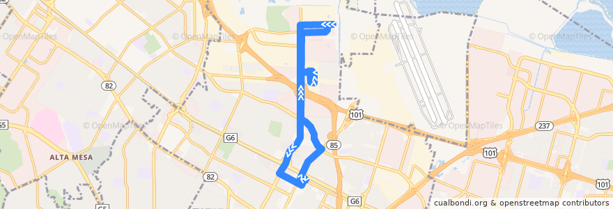 Mapa del recorrido MVgo East Bayshore Shuttle (evenings) de la línea  en Mountain View.