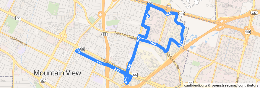 Mapa del recorrido MVgo East Whisman Shuttle (evenings) de la línea  en Mountain View.