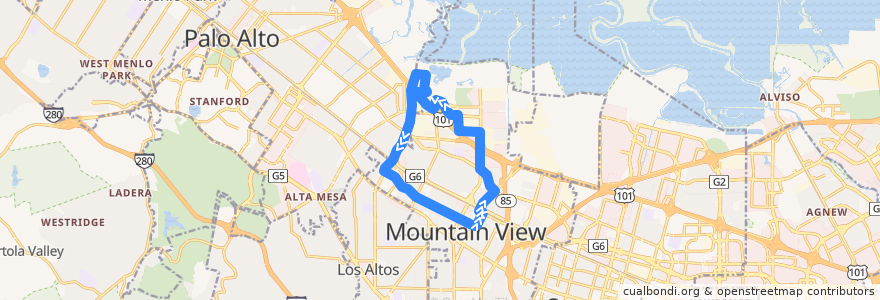 Mapa del recorrido MVgo West Bayshore Shuttle (concert detour) de la línea  en Mountain View.