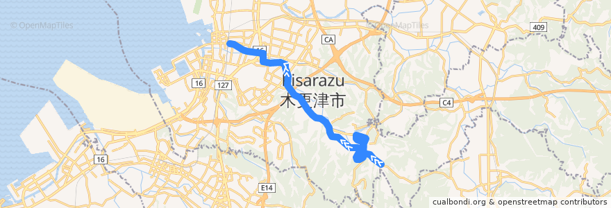 Mapa del recorrido 高倉線（上り・かずさ鎌足一丁目経由） de la línea  en Kisarazu.