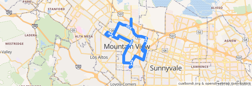Mapa del recorrido Mountain View Community Shuttle: Red/Counter-Clockwise (weekends) de la línea  en Mountain View.