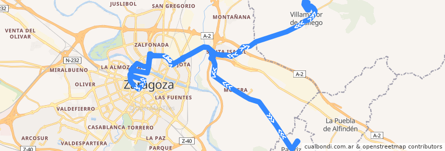 Mapa del recorrido Bus N21: Zaragoza - Movera - Pastriz - Villamayor de la línea  en Zaragoza.