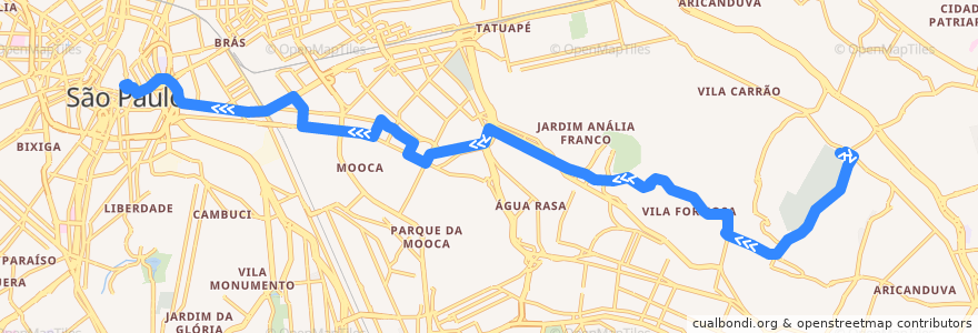 Mapa del recorrido 2100-10 Terminal Vila Carrão → Praça da Sé de la línea  en São Paulo.