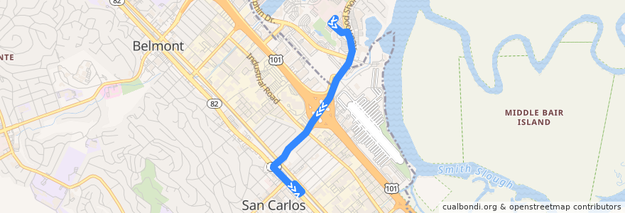 Mapa del recorrido Electronic Arts Caltrain Shuttle: Electronic Arts => San Carlos de la línea  en San Mateo County.