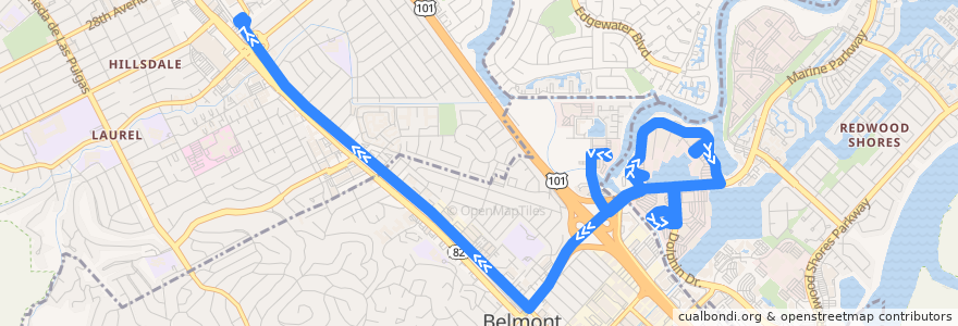 Mapa del recorrido Oracle Caltrain Shuttle: Oracle Headquarters => San Carlos de la línea  en San Mateo County.