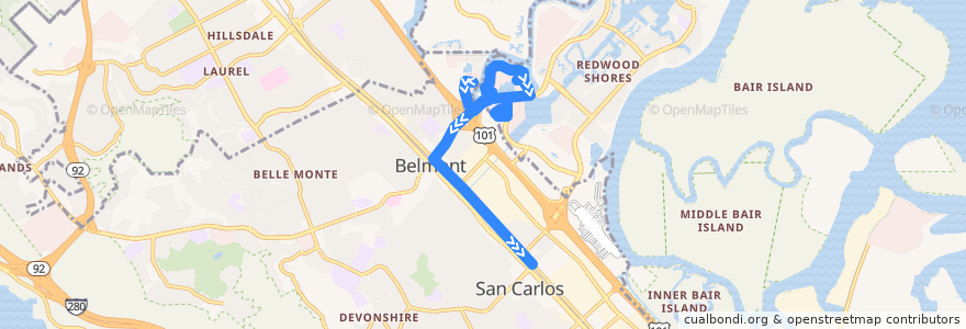 Mapa del recorrido Oracle Caltrain Shuttle: Oracle Headquarters => Hillsdale de la línea  en San Mateo County.
