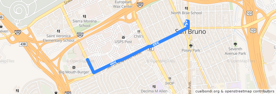 Mapa del recorrido Wal-Mart Bayhill San Bruno Shuttle: San Bruno Caltrain => Bayhill Business Park de la línea  en San Bruno.