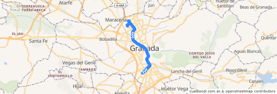 Mapa del recorrido Bus 21: Estación de Autobuses → Centro → Parque de las Ciencias de la línea  en Granada.