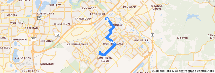 Mapa del recorrido 212 Thornlie Station → Canning Vale de la línea  en City of Gosnells.