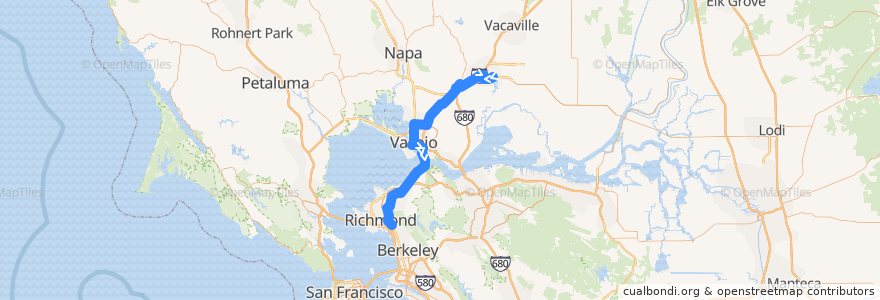 Mapa del recorrido SolanoExpress Red Line: Suisun-Fairfield Amtrak => Vallejo Transit Center => El Cerrito del Norte BART de la línea  en Калифорния.