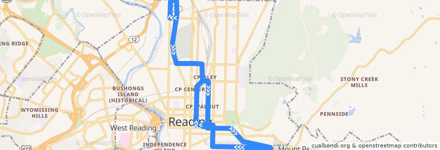 Mapa del recorrido BARTA Route 19 Riverside/FirstEnergy Stadium/Cotton Street via BTC de la línea  en Reading.