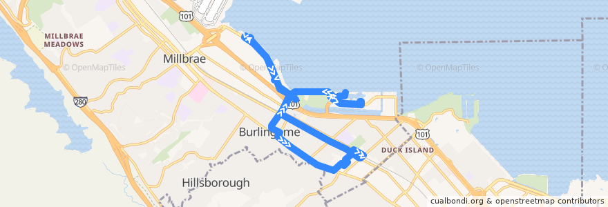 Mapa del recorrido Burlingame Trolley: Waterfront Hotels => Downtown Burlingame => Waterfront Hotels de la línea  en Burlingame.