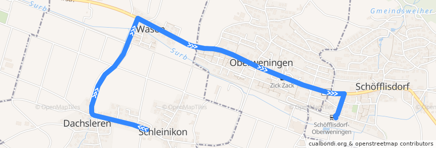 Mapa del recorrido Bus 555: Schleinikon, Gemeindehaus => Schöfflisdorf-Oberweningen, Bahnhof (Hauptweg) de la línea  en Bezirk Dielsdorf.