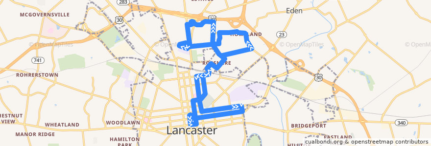 Mapa del recorrido RRTA Route 5 Grandview/Rossmere de la línea  en Lancaster County.