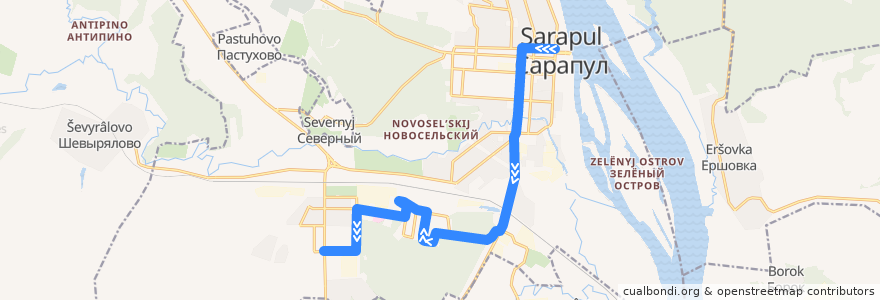 Mapa del recorrido 19 (Центр - п. Южный - Элеконд) de la línea  en городской округ Сарапул.