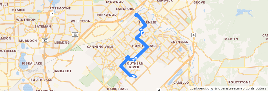 Mapa del recorrido 212 Southern River → Thornlie Station de la línea  en City of Gosnells.