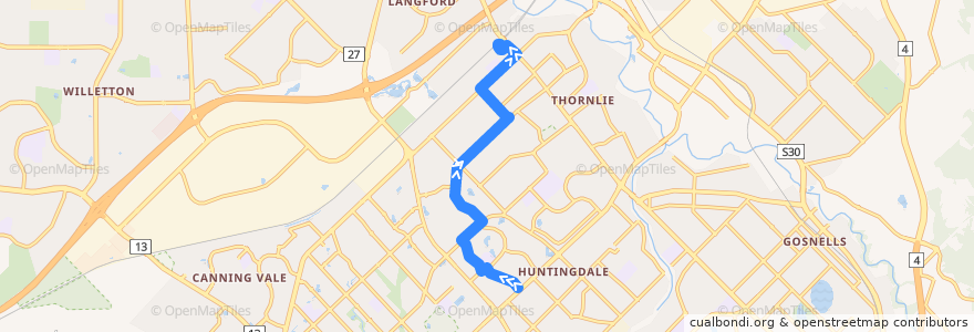 Mapa del recorrido 223 Huntingdale → Thornlie Station de la línea  en City of Gosnells.