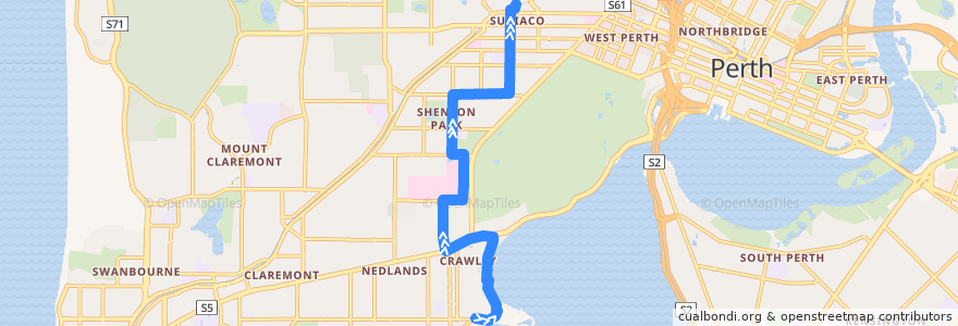 Mapa del recorrido Subiaco Shuttle: UWA → Subiaco Station de la línea  en Western Australia.