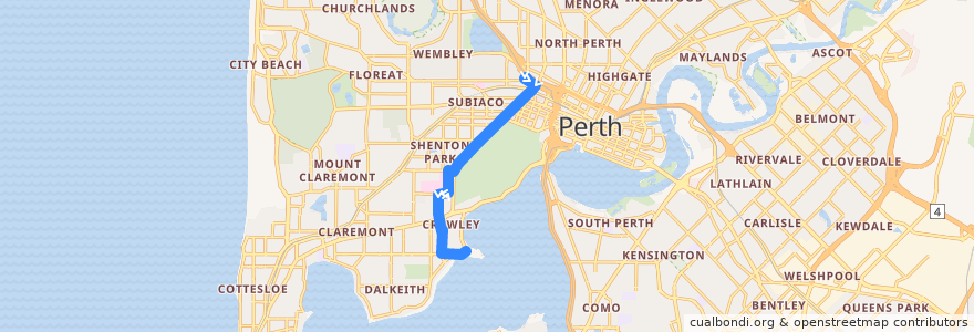 Mapa del recorrido 96F Leederville Station → UWA de la línea  en City of Perth.