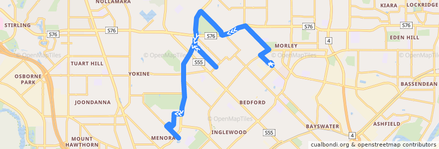 Mapa del recorrido 20TA Morley Bus Station → ECU Mount Lawley via Dianella Library de la línea  en Western Australia.