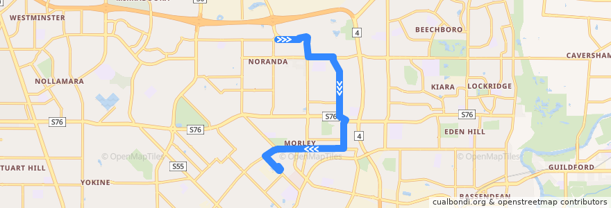 Mapa del recorrido 346T Noranda → Morley Bus Station de la línea  en City of Bayswater.