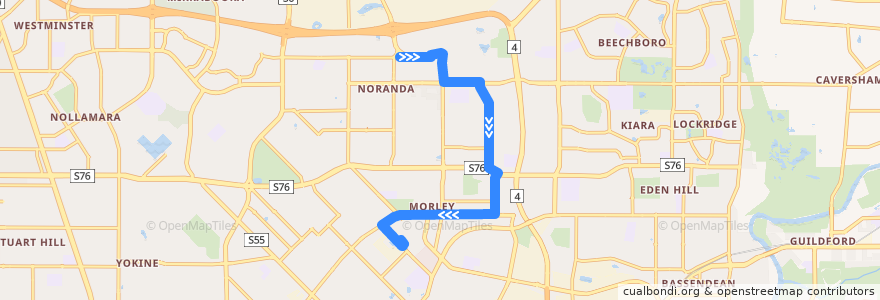 Mapa del recorrido 346T Noranda → Morley Bus Station de la línea  en Australia Occidental.
