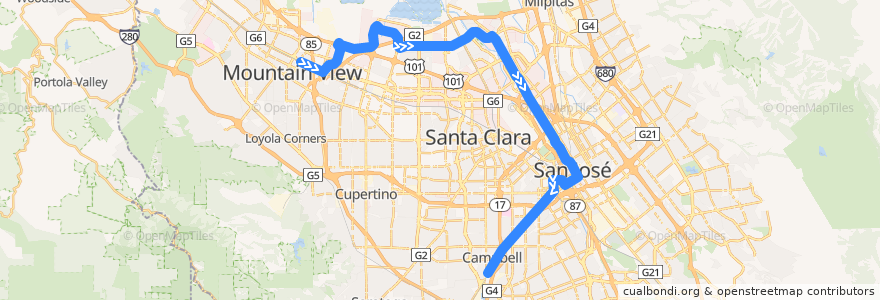 Mapa del recorrido Green Line: Old Ironsides => Winchester de la línea  en Santa Clara County.