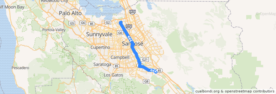 Mapa del recorrido Blue Line: Santa Teresa => Baypointe de la línea  en San Jose.