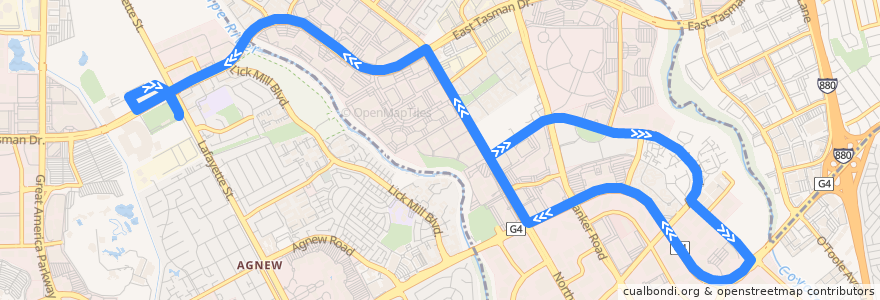 Mapa del recorrido VTA 828: River Oaks & 1st => Great America Amtrak/ACE (evenings) de la línea  en Santa Clara County.