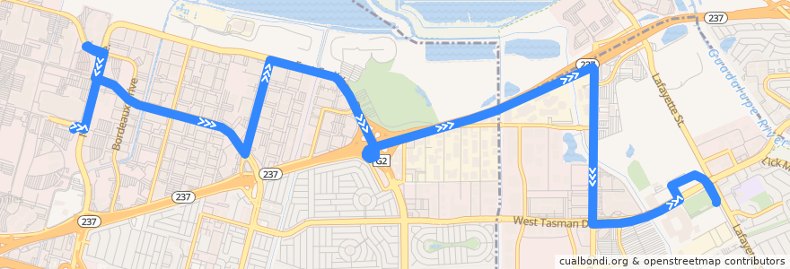Mapa del recorrido VTA 826: Lockheed Martin Transit Center => Great America Amtrak/ACE (evenings) de la línea  en 圣克莱拉县.