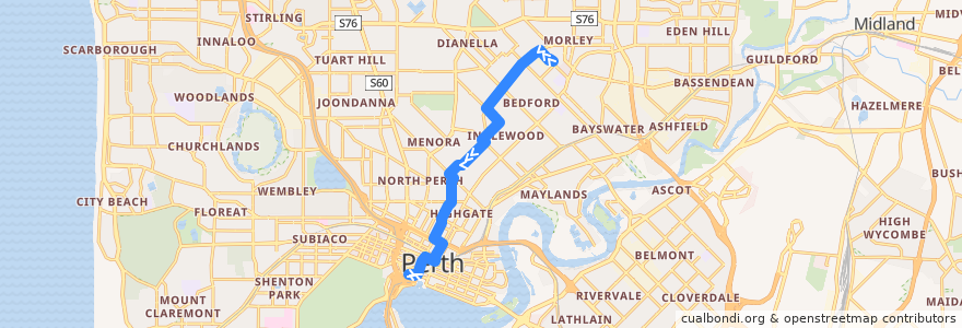 Mapa del recorrido 60T Morley Bus Station → Elizabeth Quay Bus Station de la línea  en Western Australia.