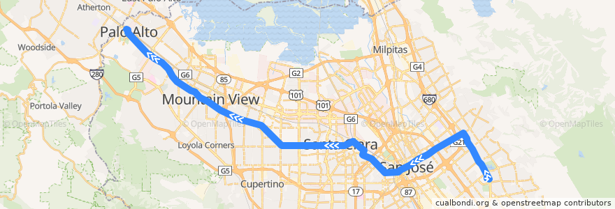 Mapa del recorrido VTA 522: Eastridge Transit Center => Palo Alto Transit Center de la línea  en Santa Clara County.