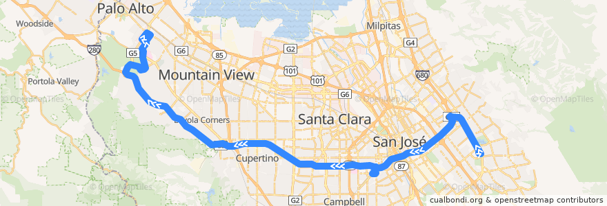 Mapa del recorrido VTA 103: Eastridge Transit Center => Stanford Research Park (mornings) de la línea  en Santa Clara County.