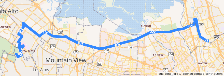 Mapa del recorrido VTA 104: Milpitas Bart => Stanford Research Park (mornings) de la línea  en مقاطعة سانتا كلارا.