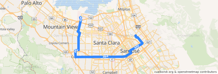 Mapa del recorrido VTA 523: Lockheed Martin => Berryessa BART de la línea  en Santa Clara County.