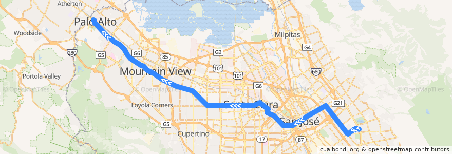 Mapa del recorrido VTA 22: Eastridge Transit Center => Palo Alto Transit Center de la línea  en Santa Clara County.