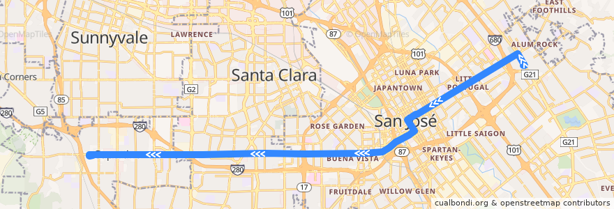 Mapa del recorrido VTA 23: Alum Rock => De Anza College de la línea  en Santa Clara County.