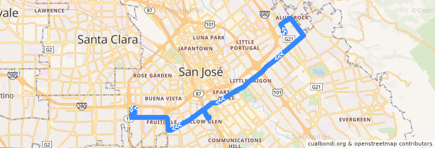 Mapa del recorrido VTA 25: Alum Rock => Santa Clara Valley Medical Center de la línea  en سان خوسيه.