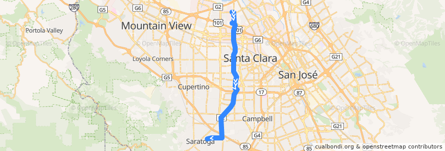 Mapa del recorrido VTA 57: Great America => West Valley College de la línea  en Santa Clara County.