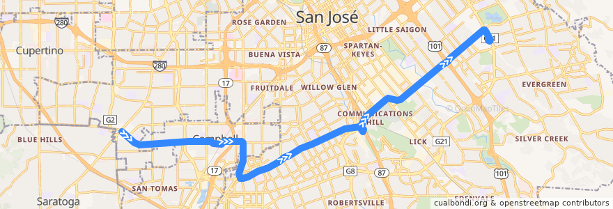 Mapa del recorrido VTA 26: Westgate Mall => Eastridge Transit Center de la línea  en Santa Clara County.