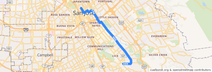 Mapa del recorrido VTA 73: Senter & Monterey => Downtown San Jose de la línea  en San Jose.