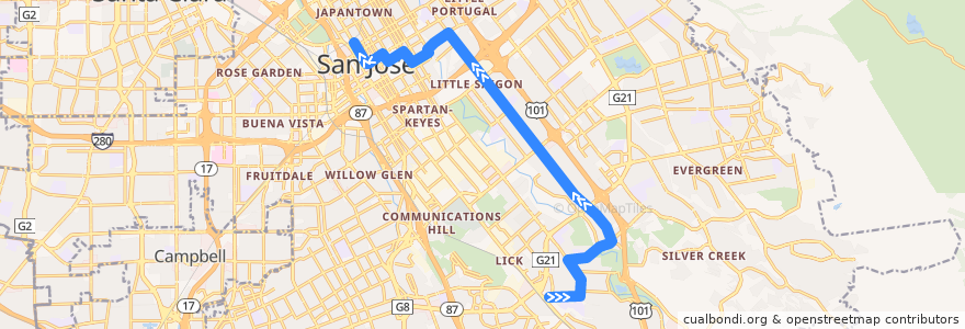 Mapa del recorrido VTA 72: Senter & Monterey => Downtown San Jose de la línea  en San Jose.