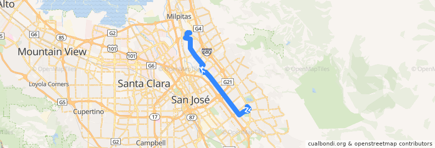 Mapa del recorrido VTA 77: Eastridge Transit Center => Milpitas BART de la línea  en San José.