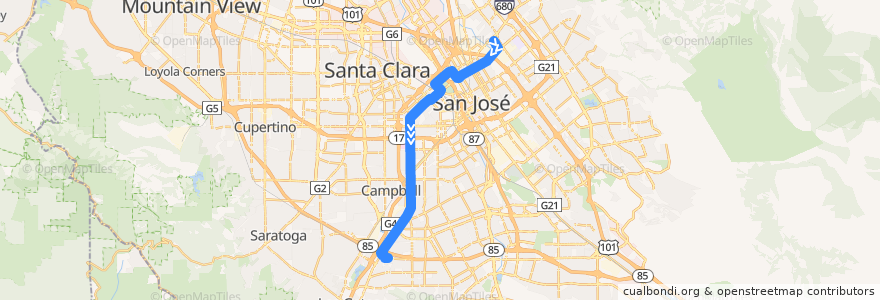 Mapa del recorrido VTA 61: Berryessa BART => Bascom & Camden => Good Samaritan Hospital de la línea  en San Jose.
