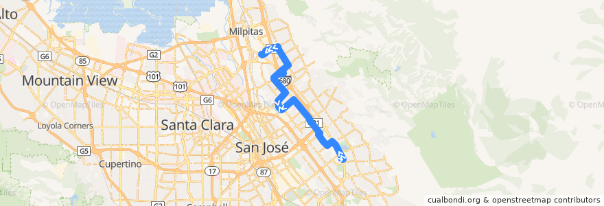 Mapa del recorrido VTA 70: Eastridge Transit Center => Berryessa BART => Milpitas BART de la línea  en San José.