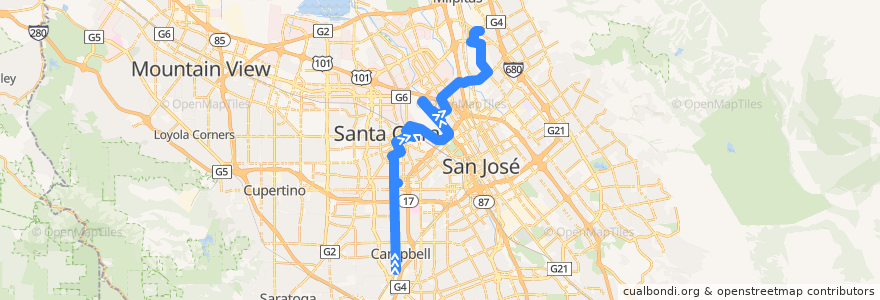 Mapa del recorrido VTA 60: Winchester => Milpitas BART de la línea  en Santa Clara County.