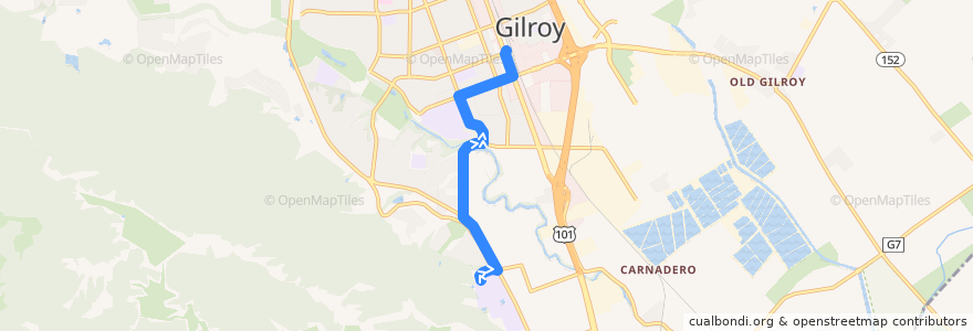 Mapa del recorrido VTA 86: Gavilan College => Gilroy Transit Center de la línea  en غيلروي، سانتا كلارا، كاليفورنيا.